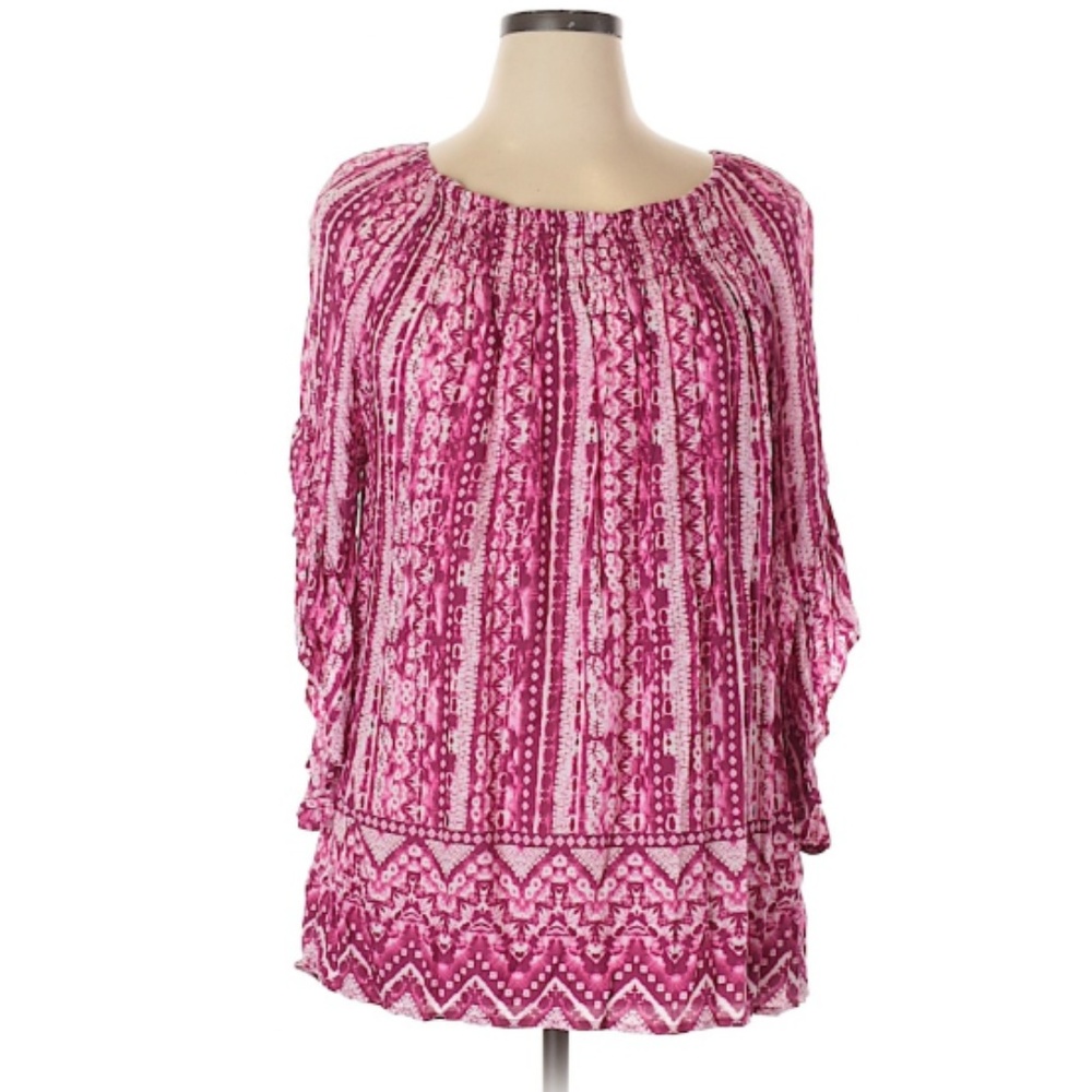 Boho Pink Batik Flutter Sleeve Peasant Top